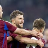 La joie des joueurs de Servette, qui sont assurés d'être Européens la saison prochaine KEYSTONE/MARTIAL TREZZINI